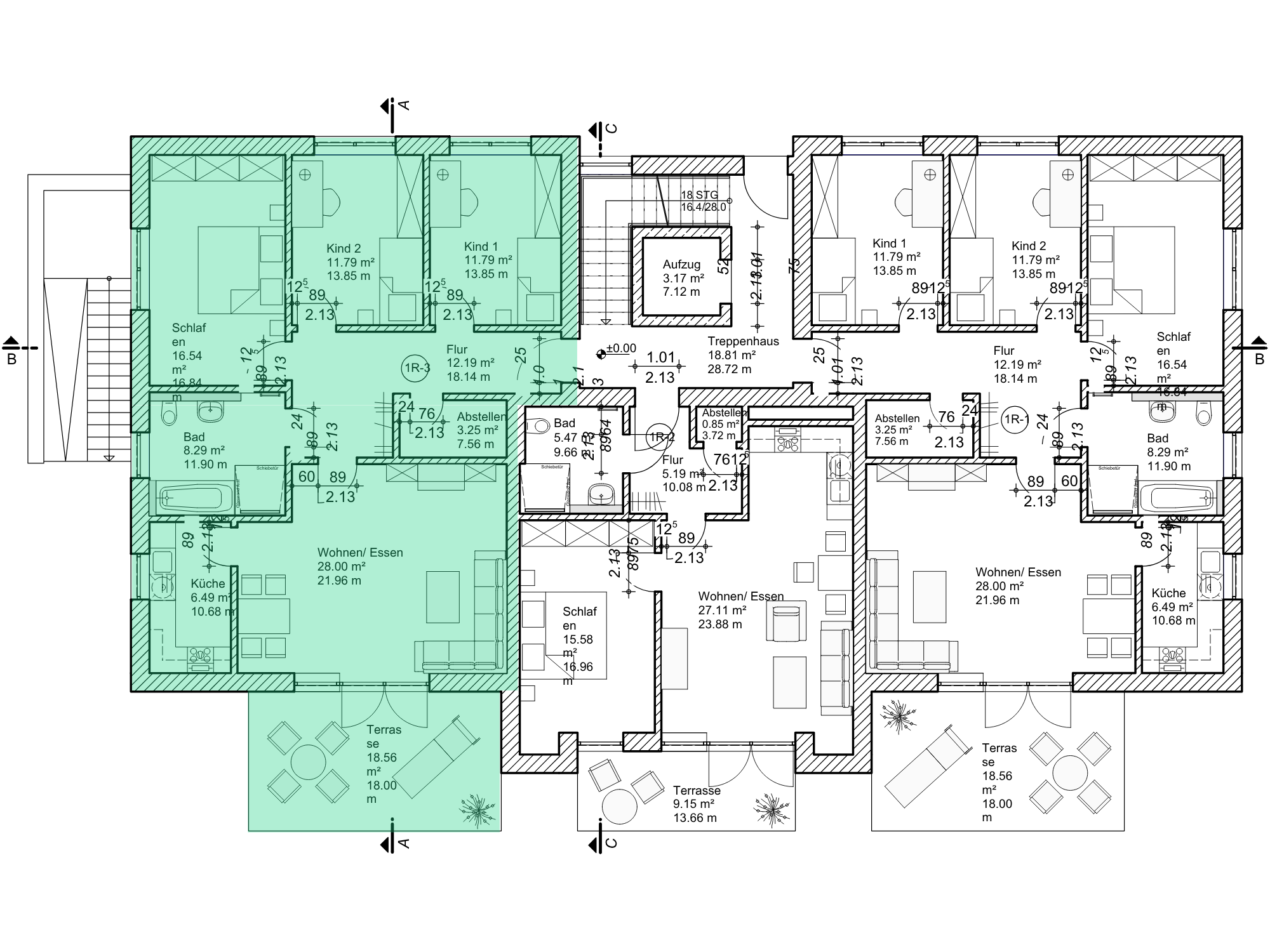 Grundriss Wohnung 01 mit Markierung der Raumaufteilung
