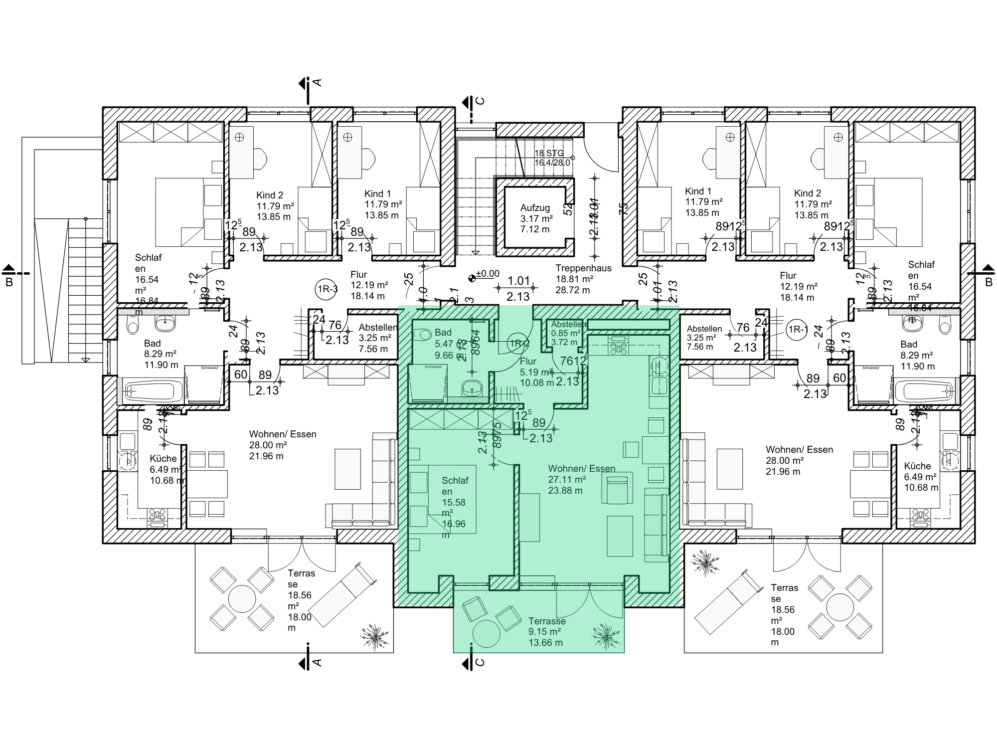 Grundriss Wohnung 02 mit Markierung der Raumaufteilung