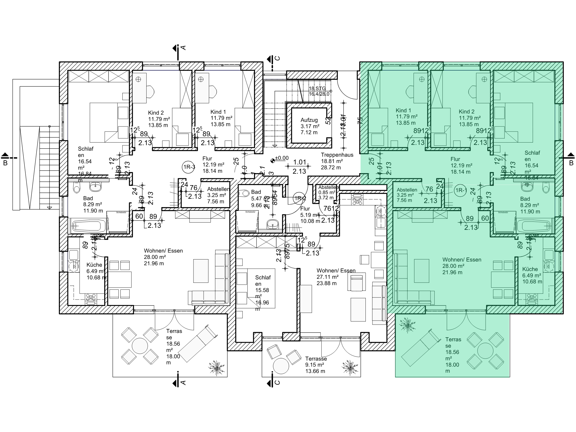 Grundriss Wohnung 03 mit Markierung der Raumaufteilung