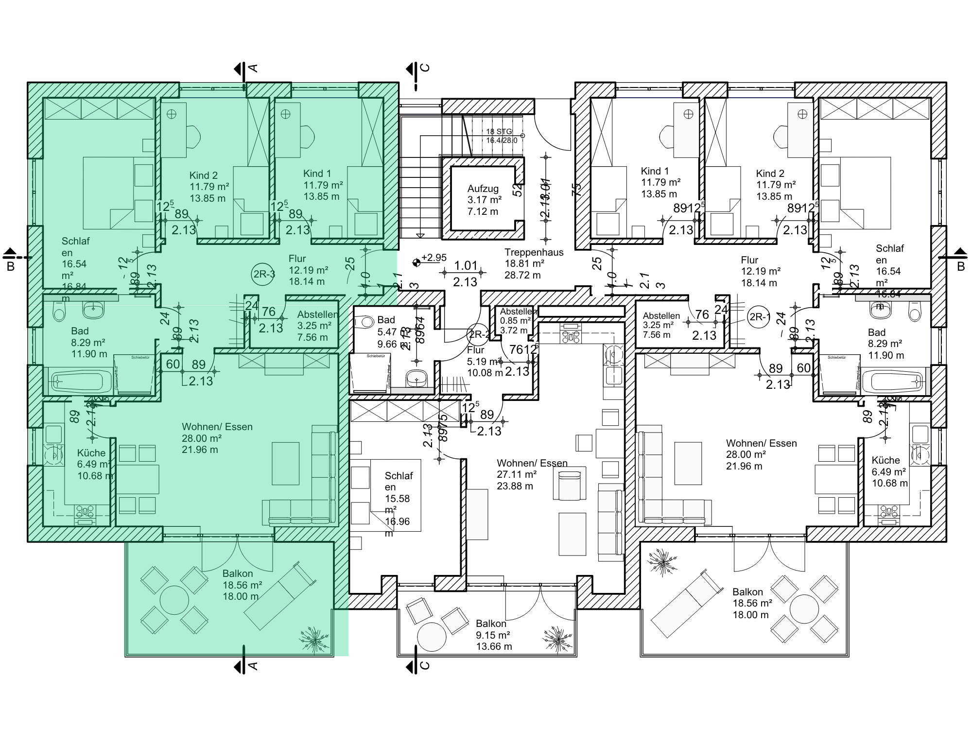 Grundriss Wohnung 04 mit Markierung der Raumaufteilung