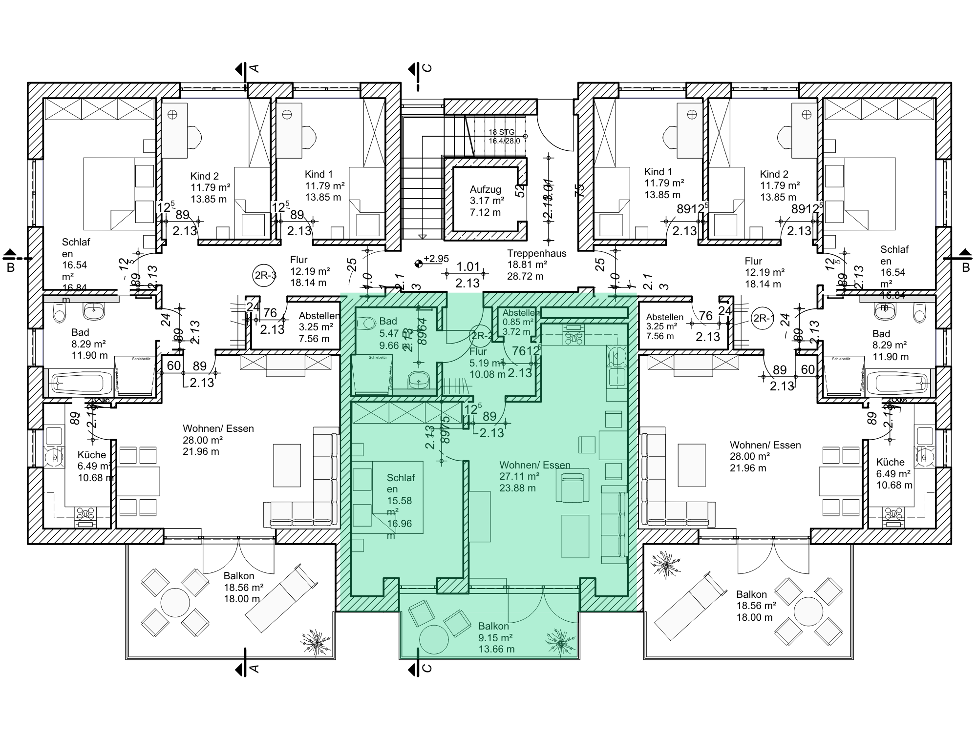 Grundriss Wohnung 05 mit Markierung der Raumaufteilung