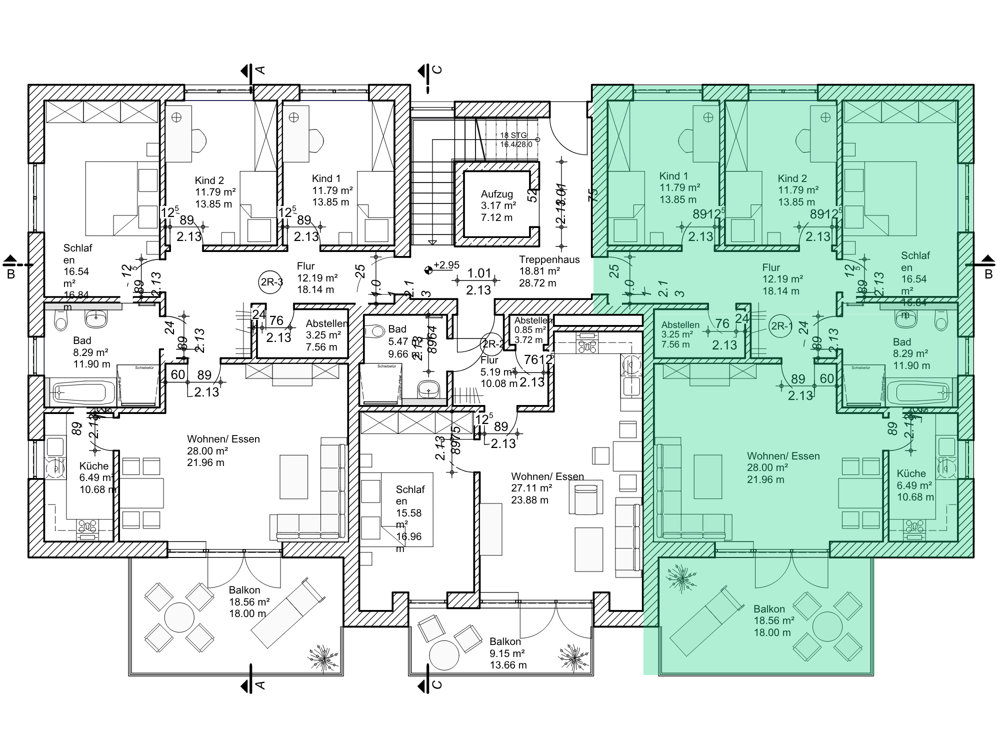 Grundriss Wohnung 06 mit Markierung der Raumaufteilung