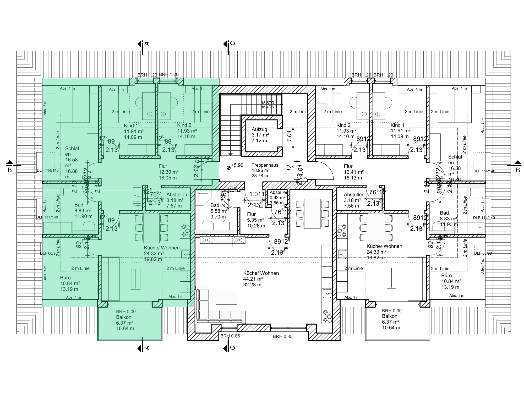 Grundriss Wohnung 07 mit Markierung der Raumaufteilung