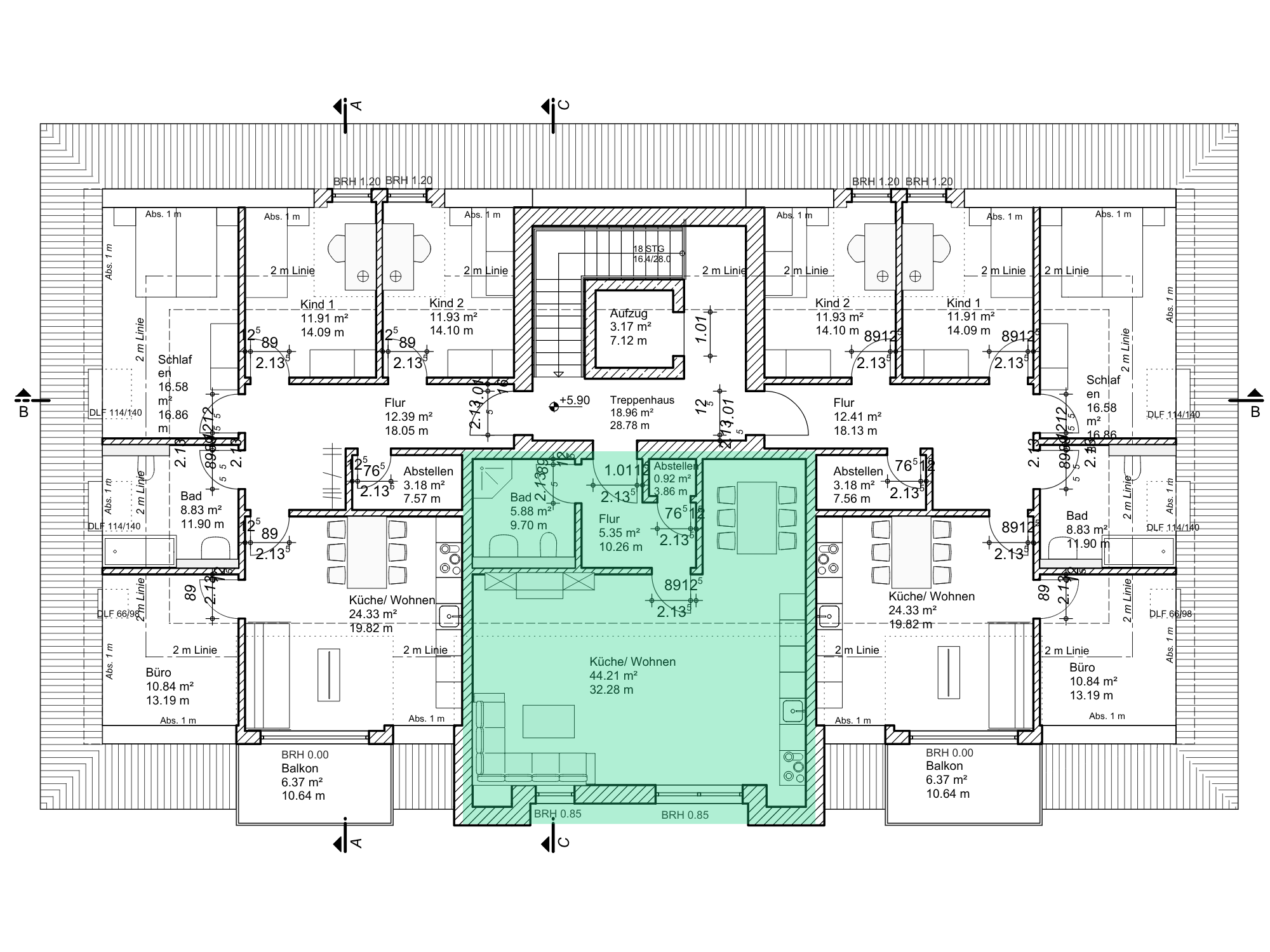 Grundriss Wohnung 08 mit Markierung der Raumaufteilung
