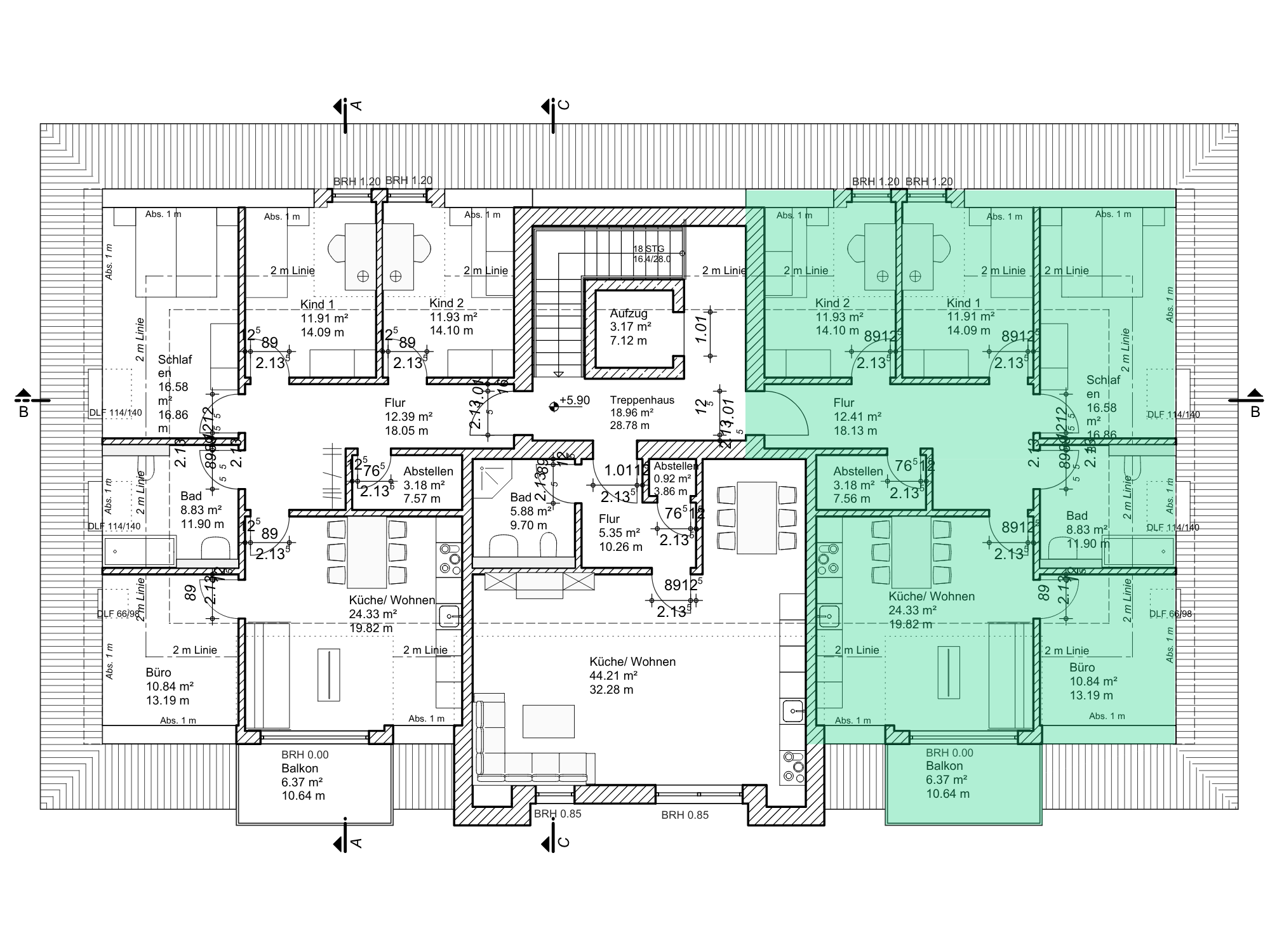 Grundriss Wohnung 09 mit Markierung der Raumaufteilung