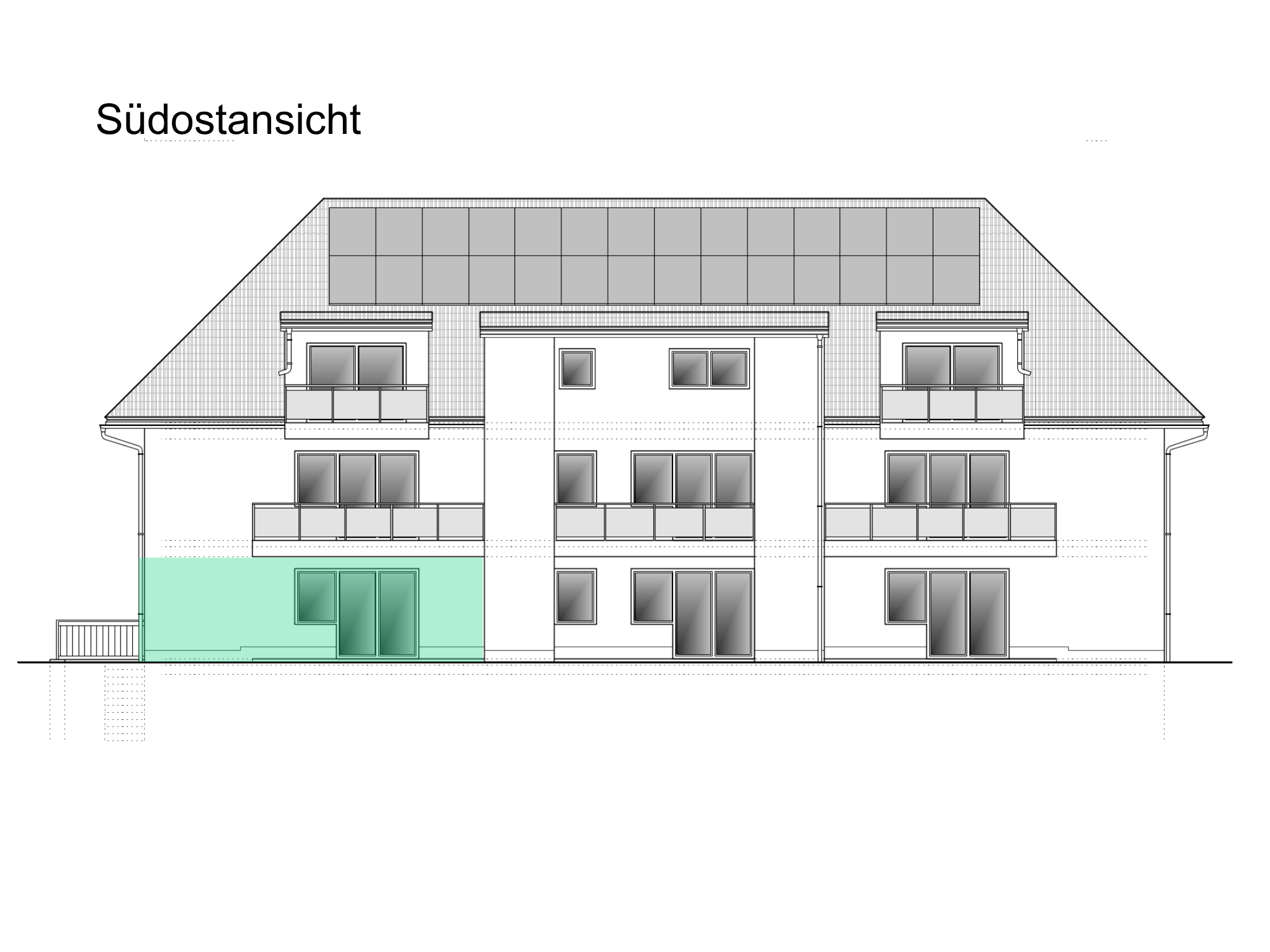 Hausansicht Wohnung 01, S&uuml;dostansicht mit Markierung der Wohnung