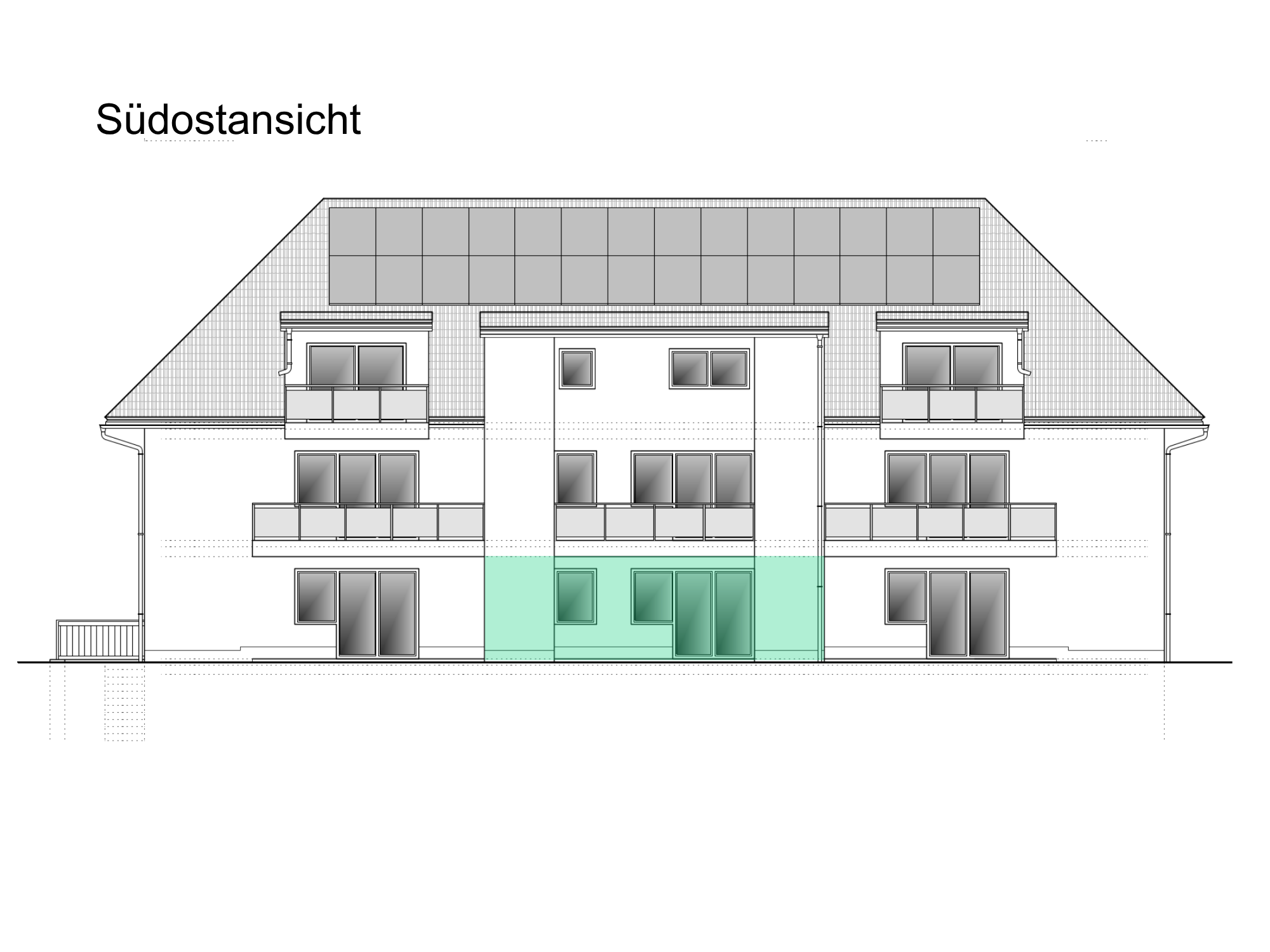 Hausansicht Wohnung 02, S&uuml;dostansicht mit Markierung der Wohnung