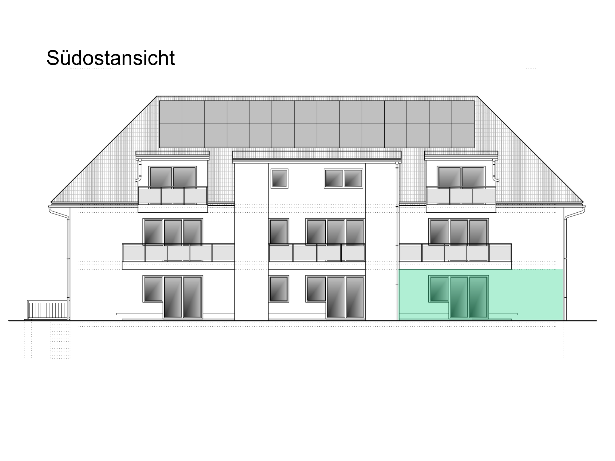 Hausansicht Wohnung 03, S&uuml;dostansicht mit Markierung der Wohnung