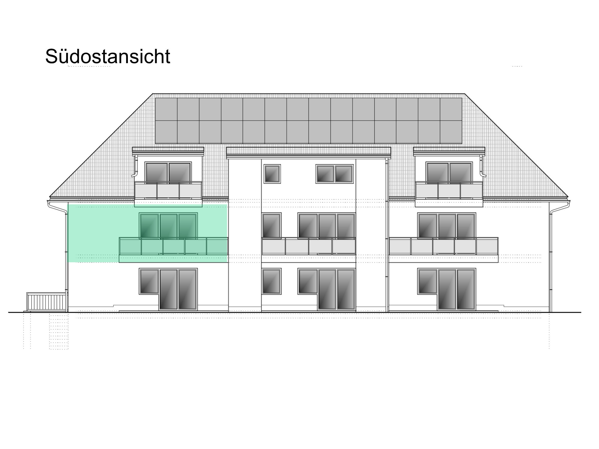 Hausansicht Wohnung 04, S&uuml;dostansicht mit Markierung der Wohnung