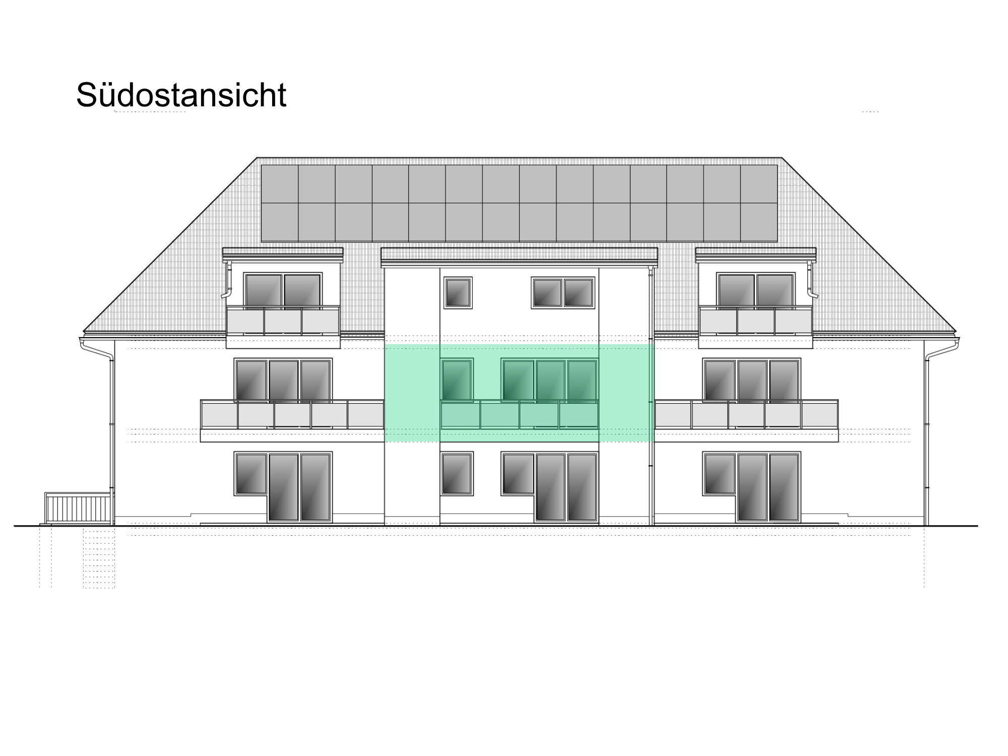 Hausansicht Wohnung 05, S&uuml;dostansicht mit Markierung der Wohnung