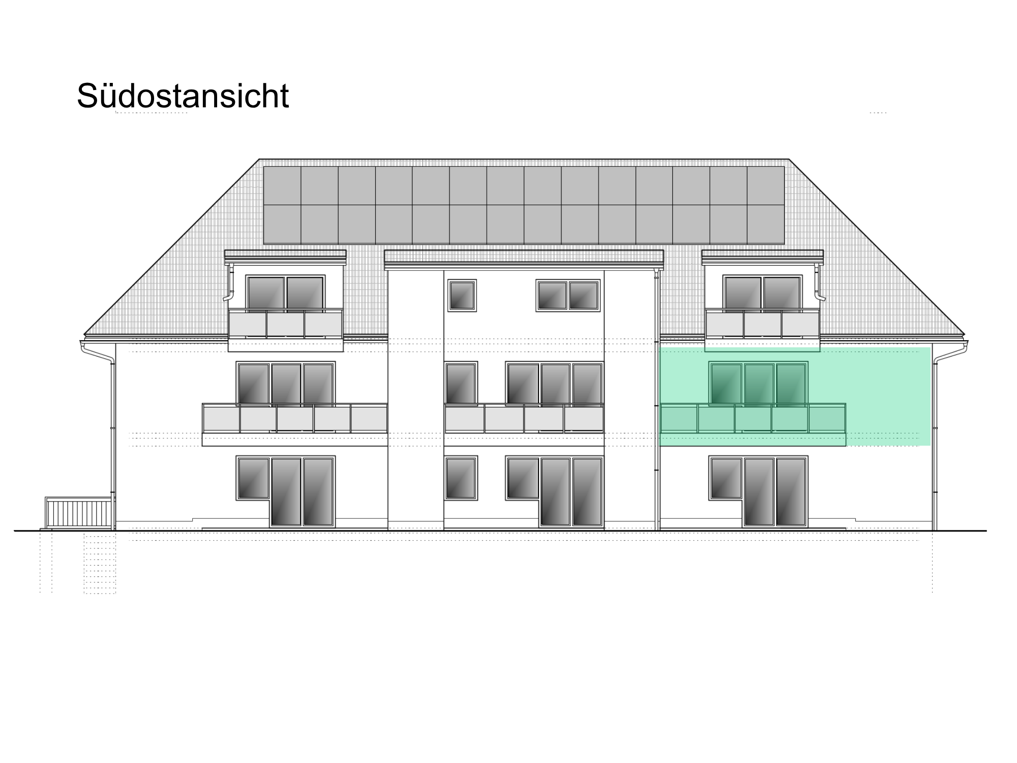 Hausansicht Wohnung 06, S&uuml;dostansicht mit Markierung der Wohnung