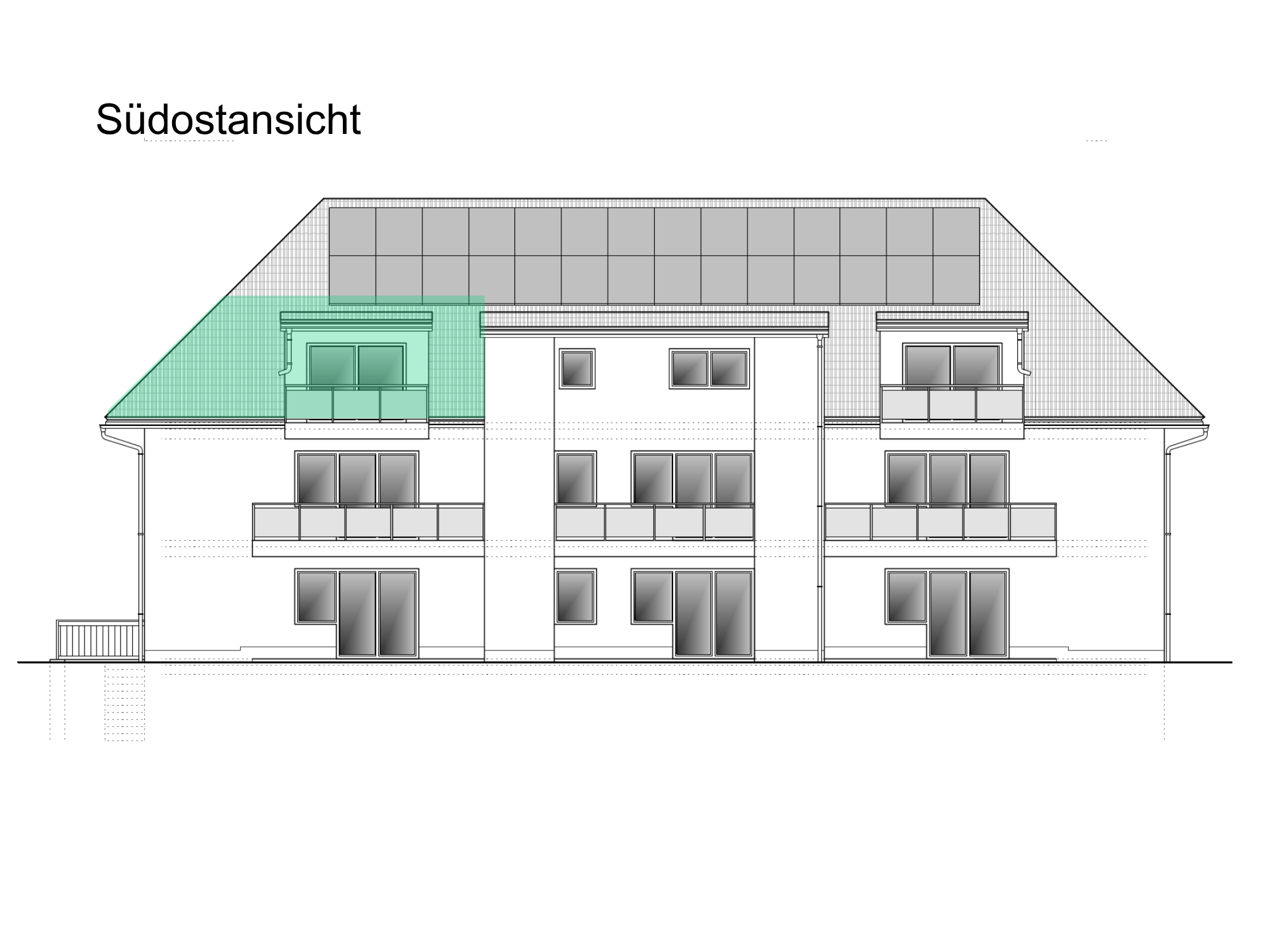 Hausansicht Wohnung 07, S&uuml;dostansicht mit Markierung der Wohnung