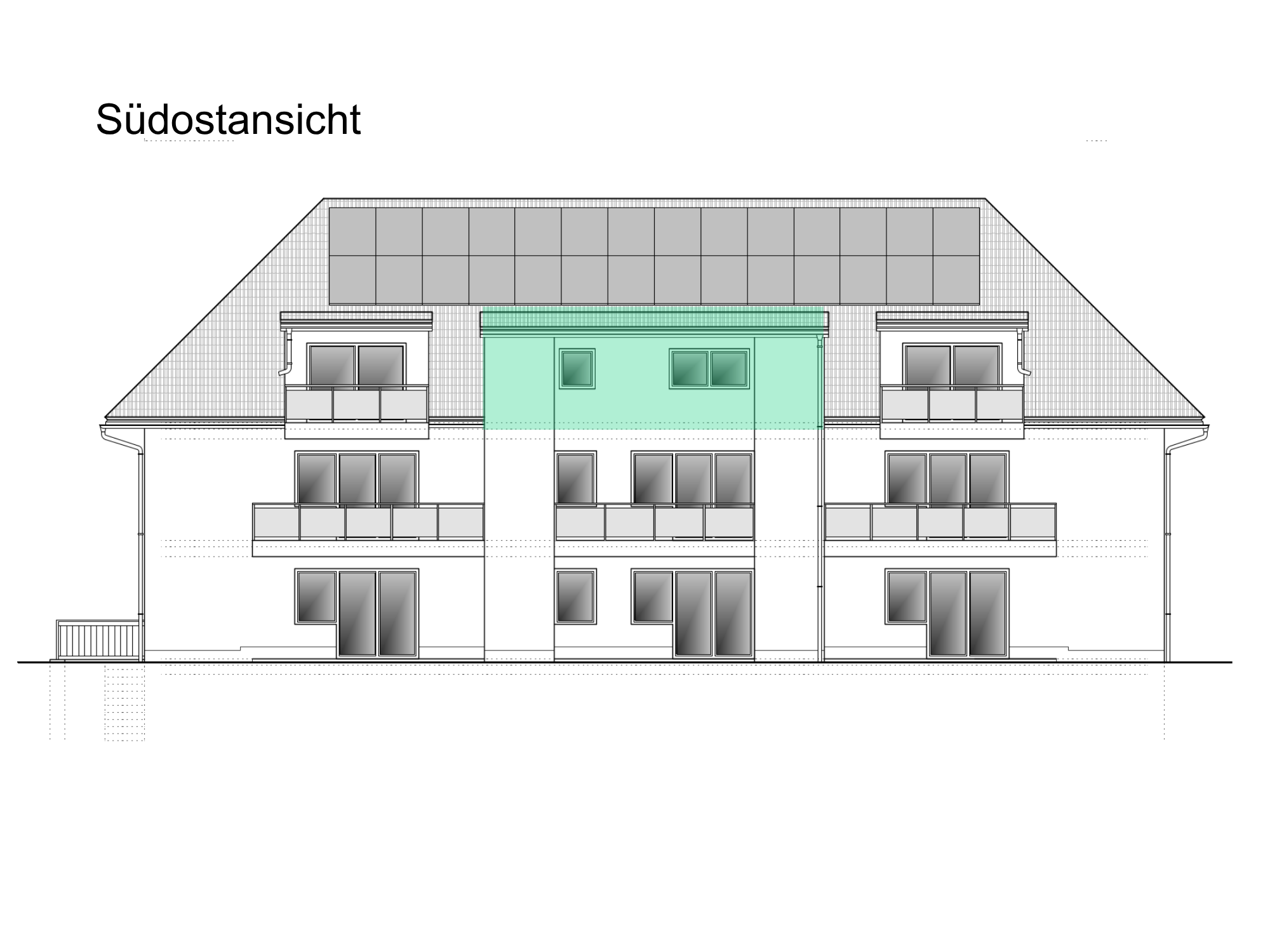 Hausansicht Wohnung 08, S&uuml;dostansicht mit Markierung der Wohnung