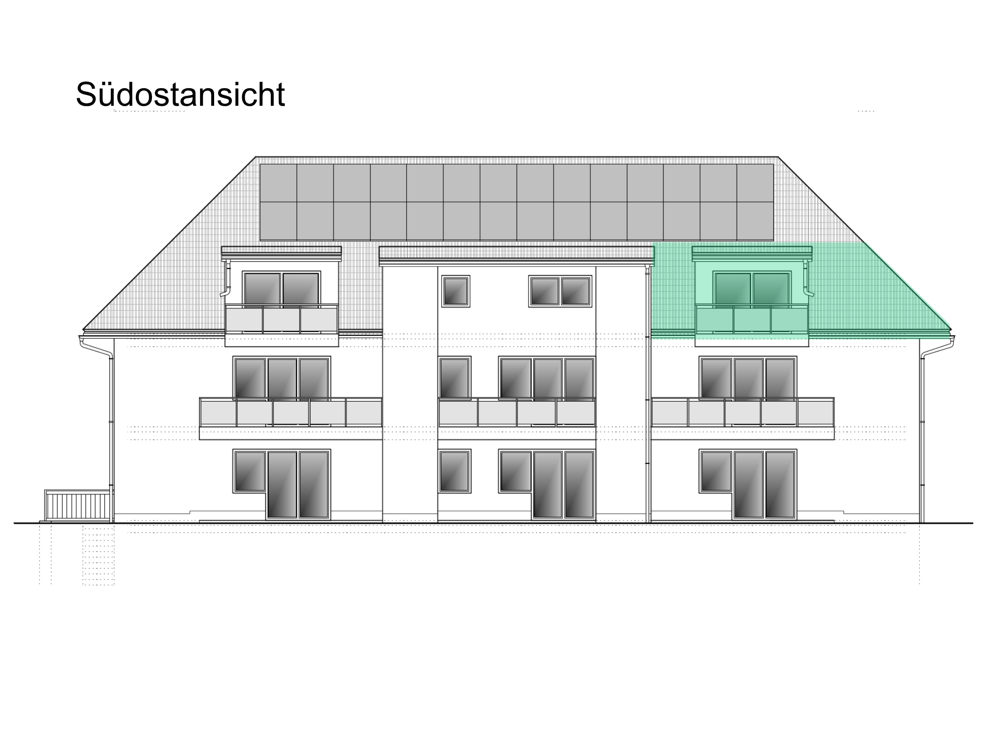 Hausansicht Wohnung 09, S&uuml;dostansicht mit Markierung der Wohnung